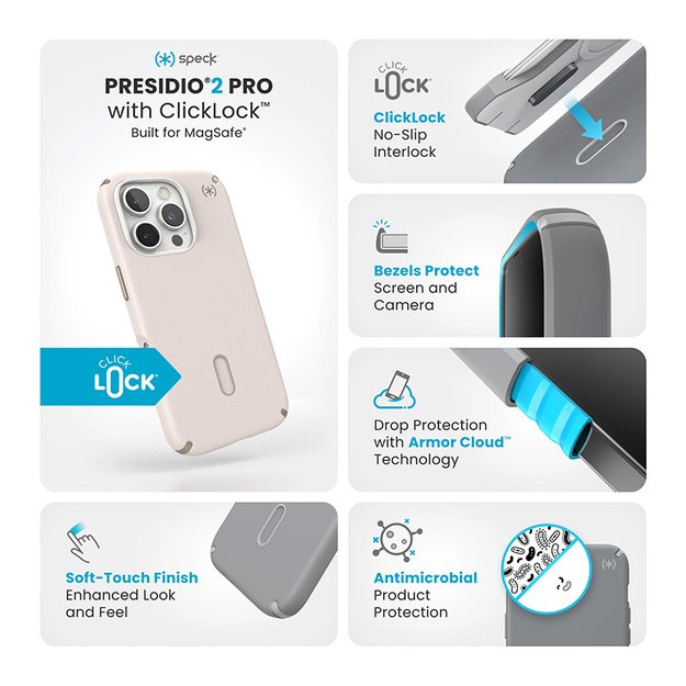 Speck Presidio2 Pro ClickLock & MagSafe – iPhone 16 Pro dėklas (balintas kaulas / „Heirloom Gold“ / Hazel Brown)