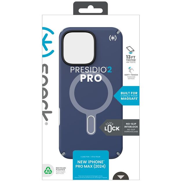 Speck Presidio2 Pro ClickLock & MagSafe – dėklas, skirtas iPhone 16 Pro Max (pakrančių mėlyna / dulkių pilka / balta)