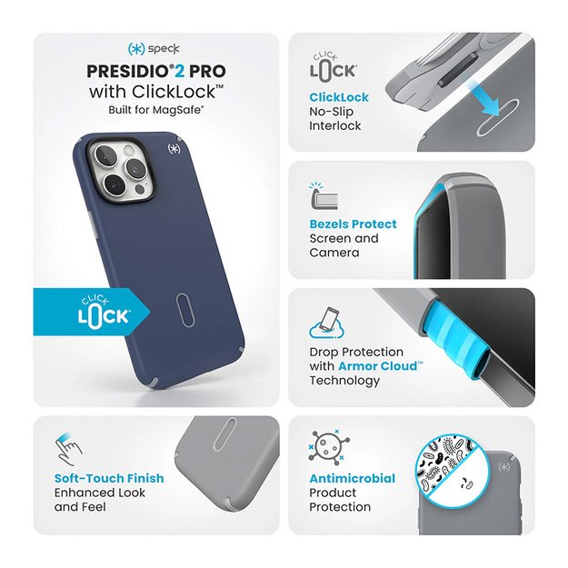 Speck Presidio2 Pro ClickLock & MagSafe – dėklas, skirtas iPhone 16 Pro Max (pakrančių mėlyna / dulkių pilka / balta)