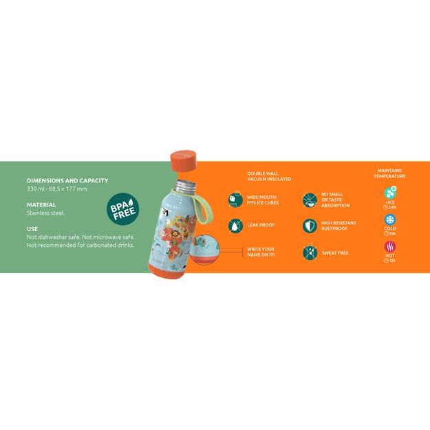 Quokka Solid Kids su dirželiu - Nerūdijančio plieno dvigubas sienelės vakuuminis vandens butelis, nešiojamas termosas 330 ml (Jungle) 3