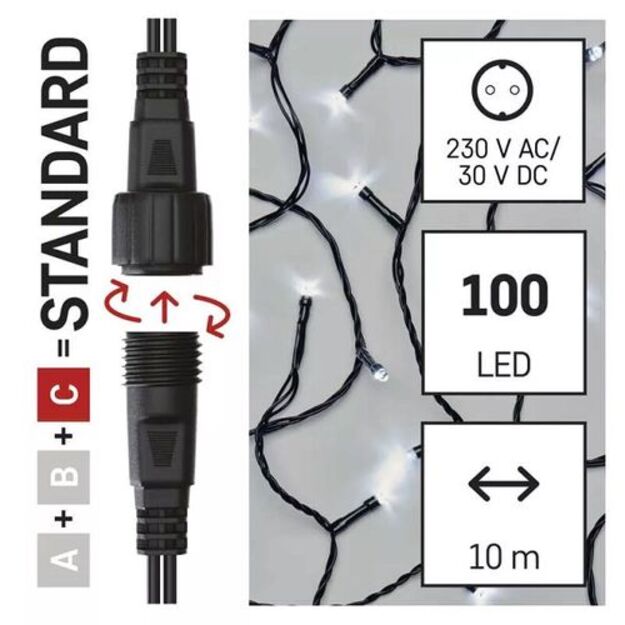 LED girlianda, 30Vdc, 10m, 100 x LED, šaltai balta, sujungiama, be maitinimo šaltinio, EMOS