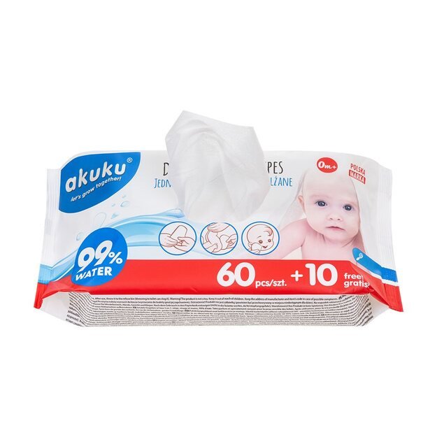 Drėgnos servetėlės Akuku 99% Water Baby 60 + 10 vnt NEMOKAMAI