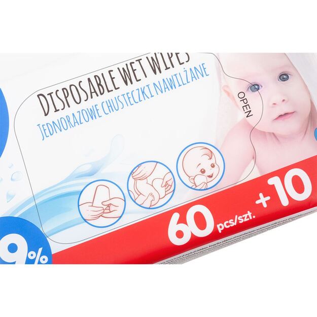 Drėgnos servetėlės Akuku 99% Water Baby 60 + 10 vnt NEMOKAMAI