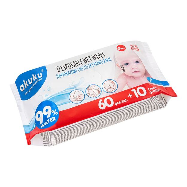 Drėgnos servetėlės Akuku 99% Water Baby 60 + 10 vnt NEMOKAMAI