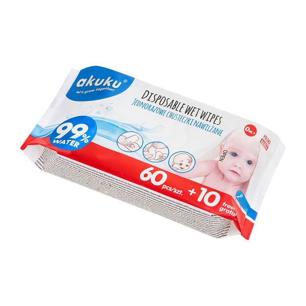 Drėgnos servetėlės Akuku 99% Water Baby 60 + 10 vnt NEMOKAMAI