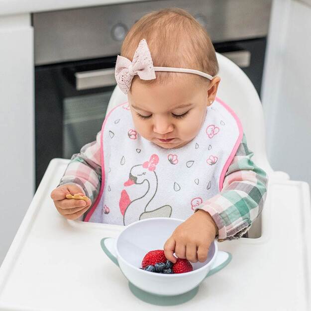 Dubenėlis kūdikiui su siurbtuku ir šaukšteliu Baby Ono baltųjų mėtų