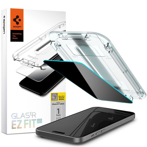 Spigen GLAS.TR EZ FIT Privacy – grūdintas stiklas su privatumo filtru, skirtas iPhone 15/16 3
