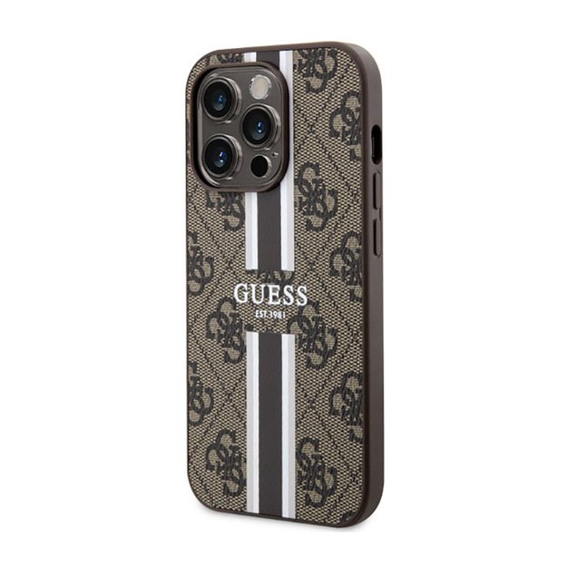 Guess 4G Printed Stripes MagSafe – dėklas, skirtas iPhone 14 Pro Max (rudas)