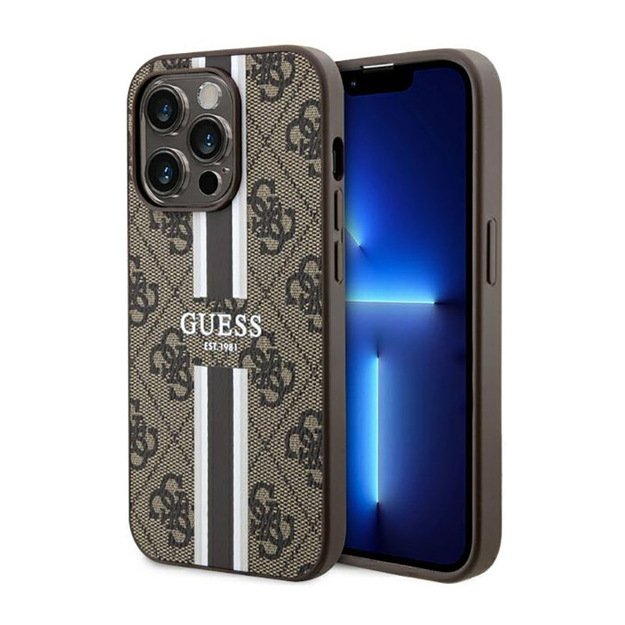 Guess 4G Printed Stripes MagSafe – dėklas, skirtas iPhone 14 Pro Max (rudas)