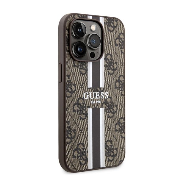 Guess 4G Printed Stripes MagSafe – dėklas, skirtas iPhone 14 Pro Max (rudas)