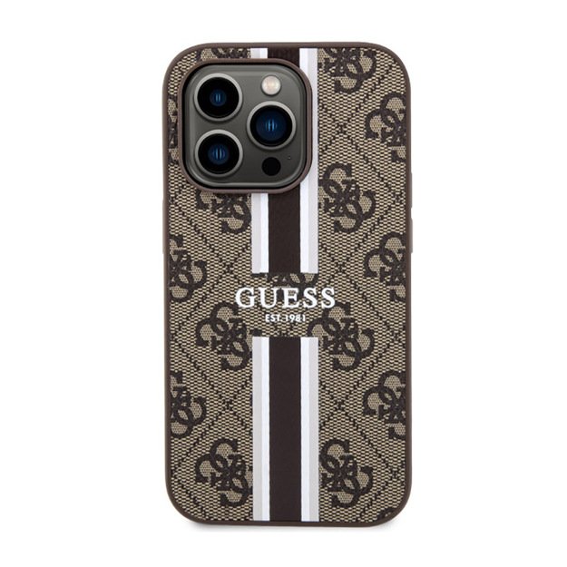 Guess 4G Printed Stripes MagSafe – dėklas, skirtas iPhone 14 Pro Max (rudas)