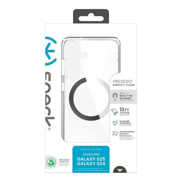 Speck Presidio Perfect-Clear Magnet – dėklas, skirtas Samsung Galaxy S25 / S24 MagSafe (skaidrus / chromo apdaila / ramus sidabras)