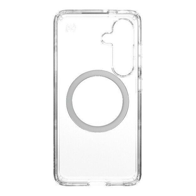 Speck Presidio Perfect-Clear Magnet – dėklas, skirtas Samsung Galaxy S25 / S24 MagSafe (skaidrus / chromo apdaila / ramus sidabras)