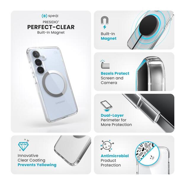 Speck Presidio Perfect-Clear Magnet – dėklas, skirtas Samsung Galaxy S25 / S24 MagSafe (skaidrus / chromo apdaila / ramus sidabras)