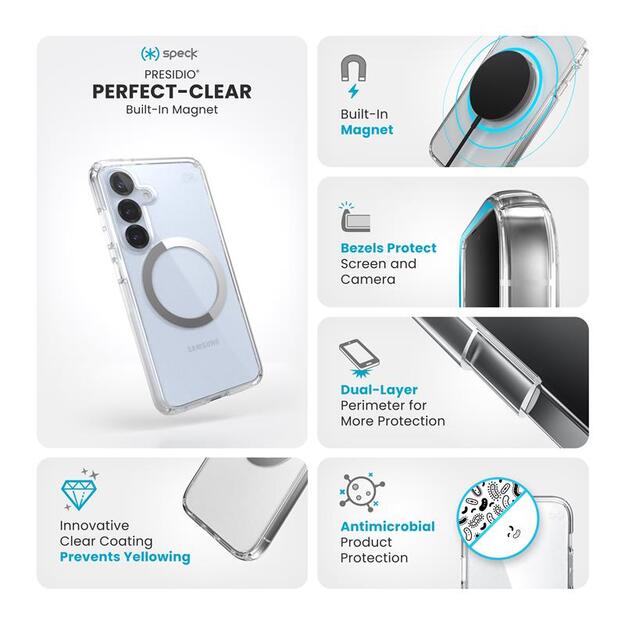 Speck Presidio Perfect-Clear Magnet – dėklas, skirtas Samsung Galaxy S25 / S24 MagSafe (skaidrus / chromo apdaila / ramus sidabras) 19