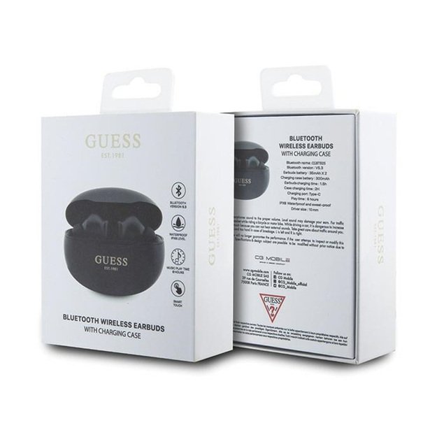 Guess True Wireless Classic EST BT5.3 – TWS ausinės + įkrovimo dėklas (juodas)