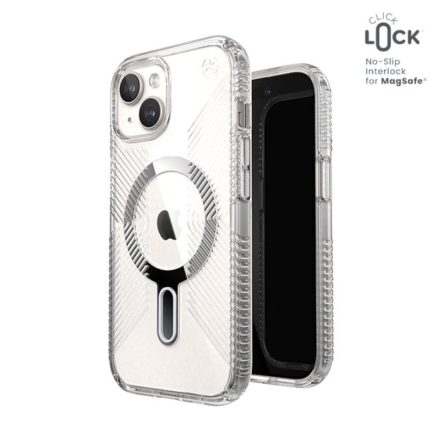 Speck Presidio Perfect-Clear Grip ClickLock & MagSafe – dėklas, skirtas iPhone 16e / iPhone 15 / iPhone 14 / iPhone 13 (Clear / Chrome Finish / Serene Silver) 13