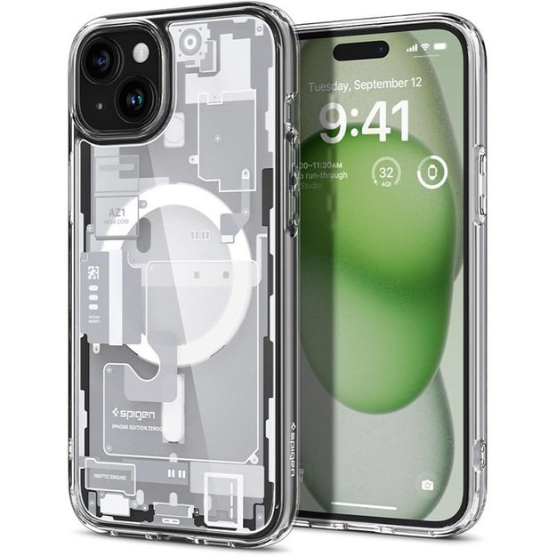 „Spigen Ultra Hybrid MagSafe“ dėklas, skirtas „iPhone 15“ (baltas, „Zero One“)