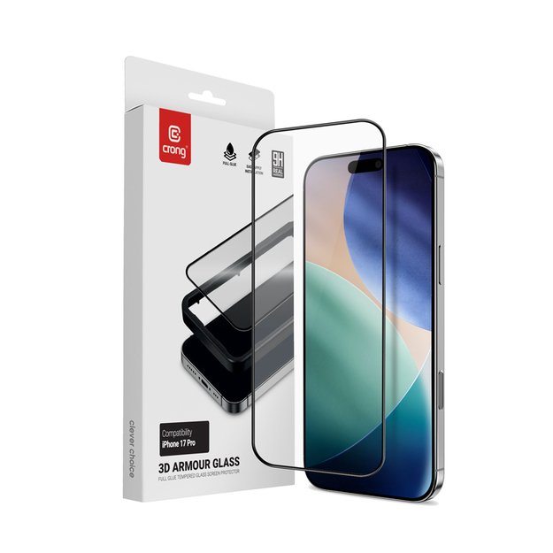 „Crong 3D Armour Glass“ – grūdintas stiklas iPhone 17 Pro telefonui + montavimo rėmelis 1