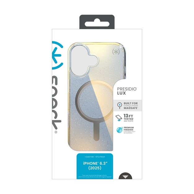 „Speck Presidio Lux MagSafe“ dėklas, skirtas „iPhone 17“ (hiperveidrodžio blizgučiai / sidabrinis metalinis) 18