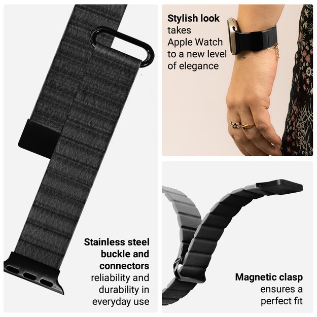 Crong Eclipse – magnetinis odinis dirželis Apple Watch 42/44/45/49 mm (juodas) 14