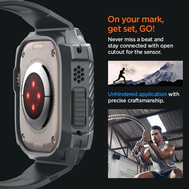 Spigen Rugged Armor Pro – dirželis su dėklu Apple Watch Ultra 49 mm (tamsiai pilkas)