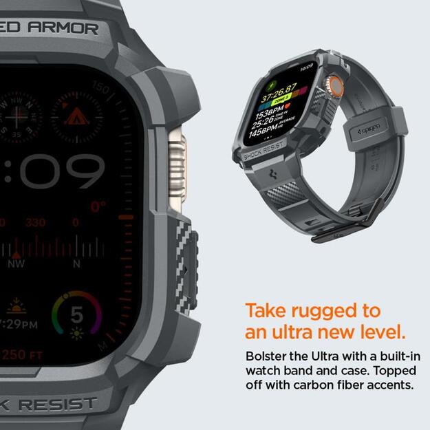 Spigen Rugged Armor Pro – dirželis su dėklu Apple Watch Ultra 49 mm (tamsiai pilkas)