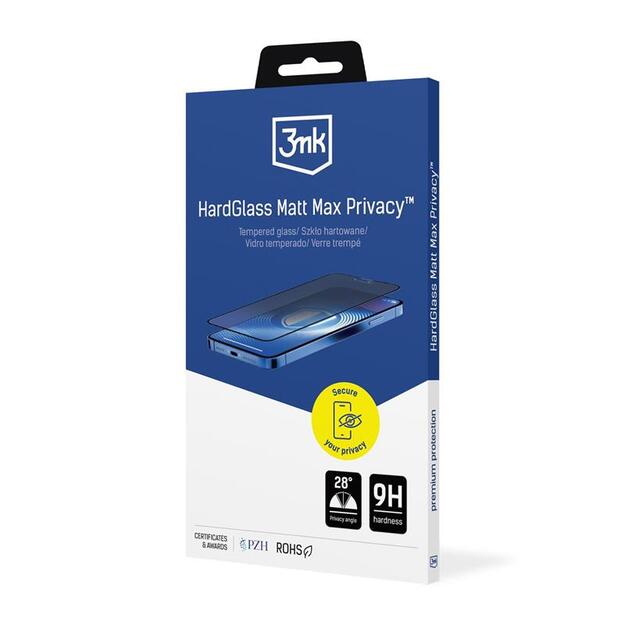3mk HardGlass Matt Max Privacy - matinis grūdintas stiklas su privatumo filtru, skirtas iPhone 16 / iPhone 15 12