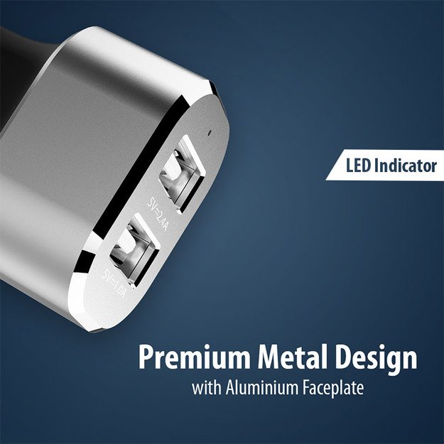 Crong Power automobilinis įkroviklis 24W su dviem USB prievadais (aliuminis) 2