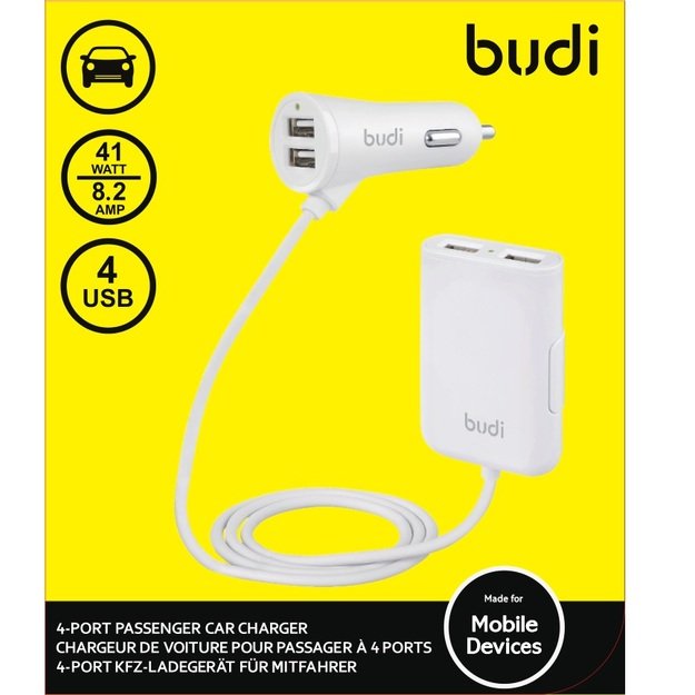 Budi - 4 USB automobilinis įkroviklis (2 USB prievadai naudojami automobilio gale)