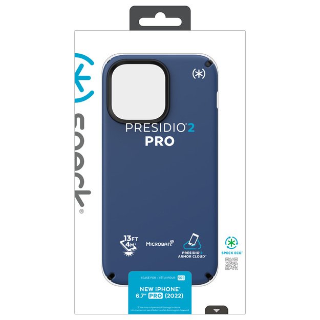 Speck Presidio2 Pro – iPhone 14 Pro Max dėklas su MICROBAN danga (Coastal Blue / Black / White)