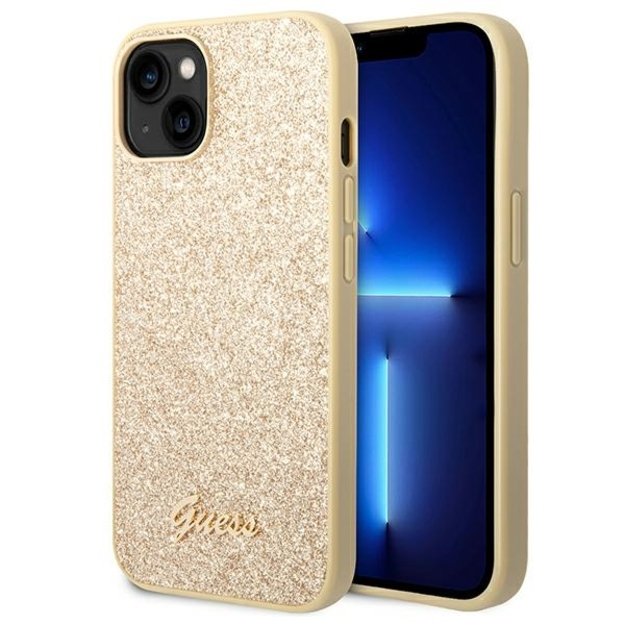 Guess Glitter Flakes metalinis logotipo dėklas – dėklas, skirtas iPhone 14 Plus (auksinis) 17
