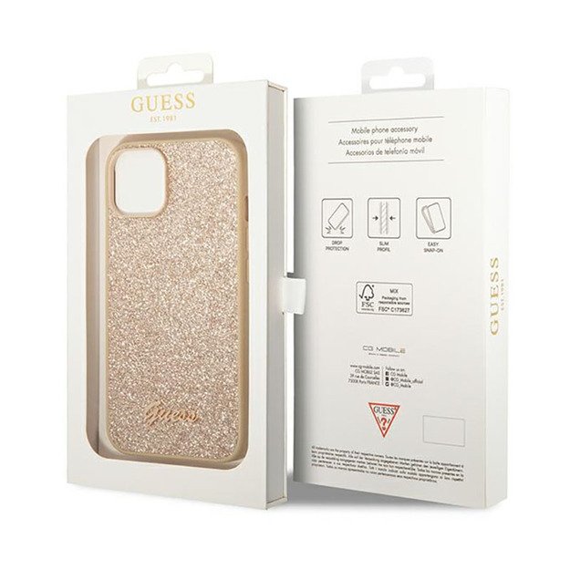 Guess Glitter Flakes metalinis logotipo dėklas – dėklas, skirtas iPhone 14 Plus (auksinis) 24