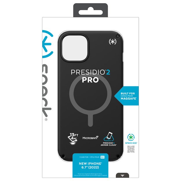 Speck Presidio2 Pro + MagSafe – iPhone 15 Plus / 14 Plus dėklas su MICROBAN danga (juoda / juoda / balta)