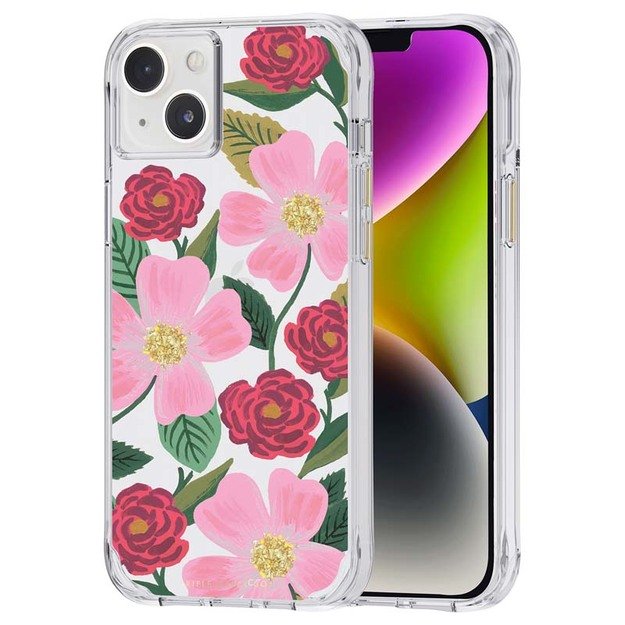 Skaidrus šautuvų popierius – aukso spalvos dėklas skirtas iPhone 14 Plus (Rose Garden)