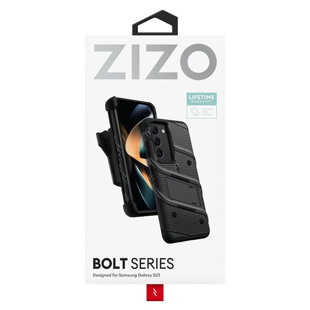 ZIZO BOLT serija - Šarvuotas Samsung Galaxy S23 dėklas su 9H stiklu ekranui + laikiklis su stovu (juodas)