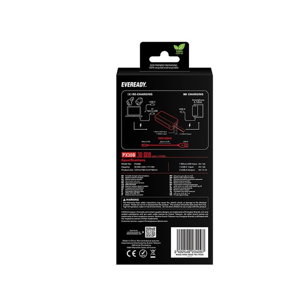 Eveready PX30B – Powerbank 30000 mAh 2x USB-A (juoda) 9