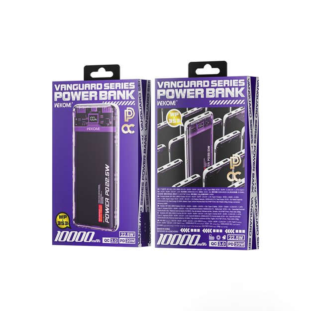WEKOME WP-353 Vanguard serija – maitinimo blokas 10 000 mAh PD 20 W + QC 22,5 W (violetinė / permatoma) 17