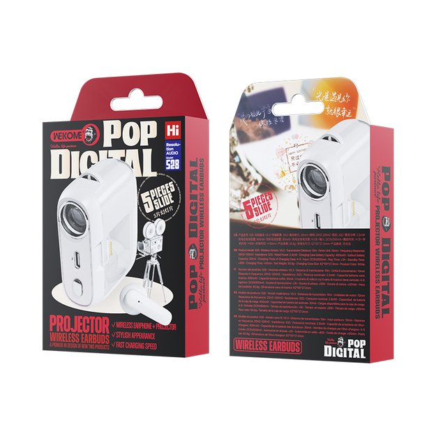 WEKOME S28 Pop Digital Series – Bluetooth V5.3 TWS belaidės ausinės su įkrovimo dėklu su projektoriaus funkcija (balta) 3