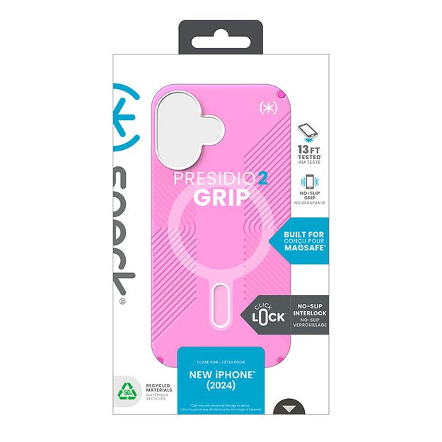 Speck Presidio2 Grip ClickLock & MagSafe – dėklas, skirtas iPhone 16 (tikrai rožinė / šokiruojanti rožinė / balta)