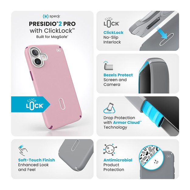 Speck Presidio2 Pro ClickLock & MagSafe – dėklas, skirtas iPhone 16 Plus (trečiadienio rožinė / Boysenberry violetinė / balta)