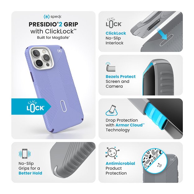 Speck Presidio2 Grip ClickLock & MagSafe – dėklas, skirtas iPhone 16 Pro Max (ateities levandų spalva / Cassis violetinė / balta)