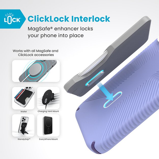 Speck Presidio2 Grip ClickLock & MagSafe – dėklas, skirtas iPhone 16 Pro Max (ateities levandų spalva / Cassis violetinė / balta) 16