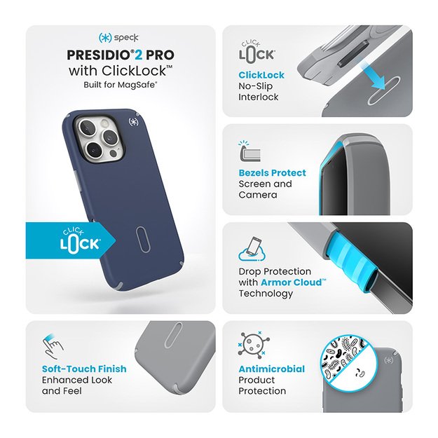 Speck Presidio2 Pro ClickLock & MagSafe – dėklas, skirtas iPhone 16 Pro (pakrantės mėlyna / dulkių pilka / balta)