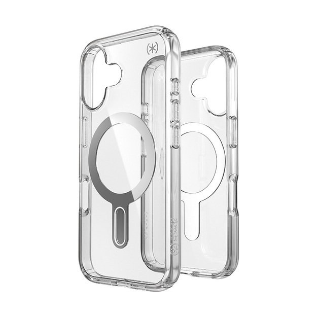 Speck Presidio Perfect-Clear ClickLock & MagSafe – dėklas, skirtas iPhone 16 (skaidrus / chromo apdaila / ramus sidabras)