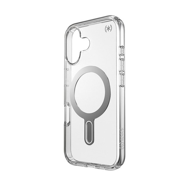 Speck Presidio Perfect-Clear ClickLock & MagSafe – dėklas, skirtas iPhone 16 (skaidrus / chromo apdaila / ramus sidabras)