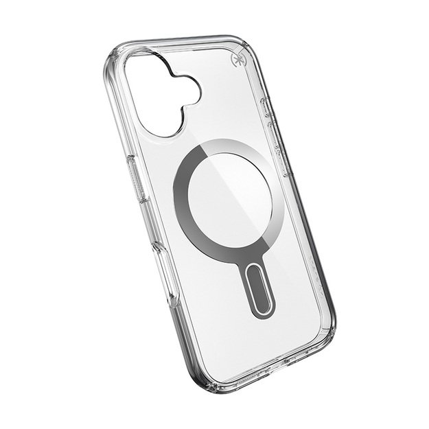 Speck Presidio Perfect-Clear ClickLock & MagSafe – dėklas, skirtas iPhone 16 (skaidrus / chromo apdaila / ramus sidabras)