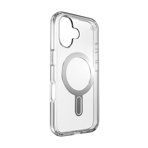 Speck Presidio Perfect-Clear ClickLock & MagSafe – dėklas, skirtas iPhone 16 (skaidrus / chromo apdaila / ramus sidabras)