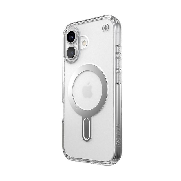 Speck Presidio Perfect-Clear ClickLock & MagSafe – dėklas, skirtas iPhone 16 (skaidrus / chromo apdaila / ramus sidabras)