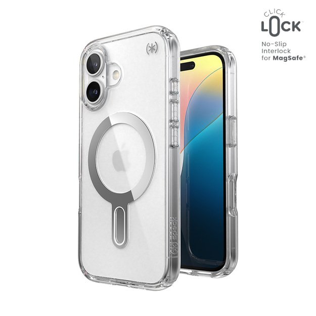 Speck Presidio Perfect-Clear ClickLock & MagSafe – dėklas, skirtas iPhone 16 (skaidrus / chromo apdaila / ramus sidabras)